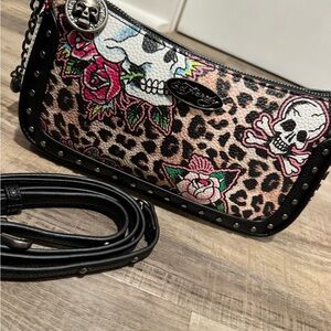 Ed Hardy Leopard Print Clutch with Skulls and Roses